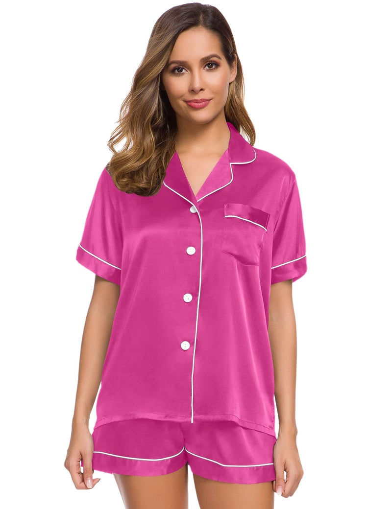 SWOMOG Pajamas Set Short Sleeve Sleepwear Womens Button Down Nightwear Soft Pj Lounge Sets Rose Red - Image 2